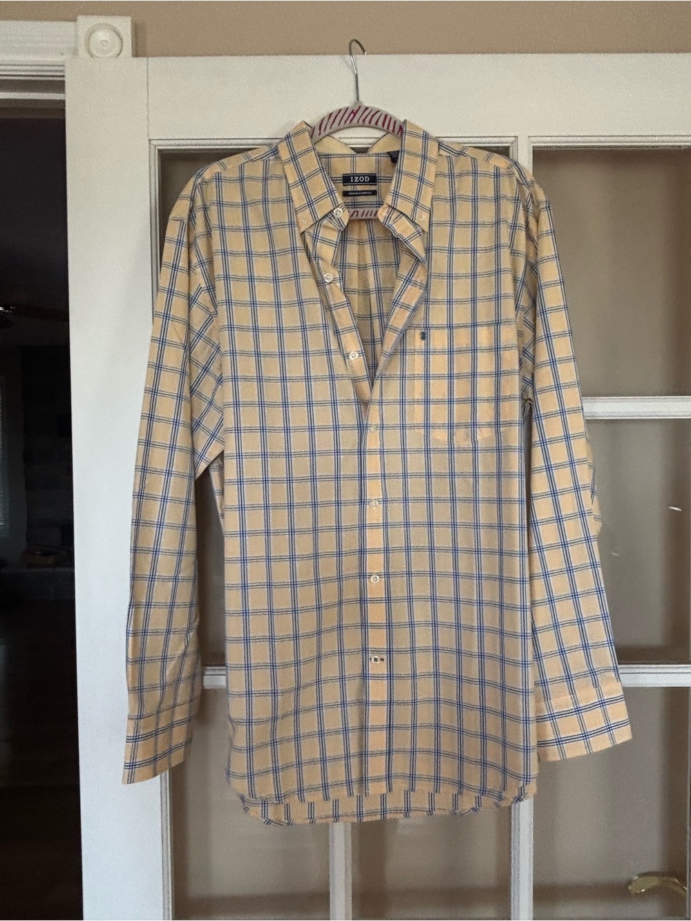 Izod Yellow and Blue Plaid Long-Sleeve Button-Down Shirt